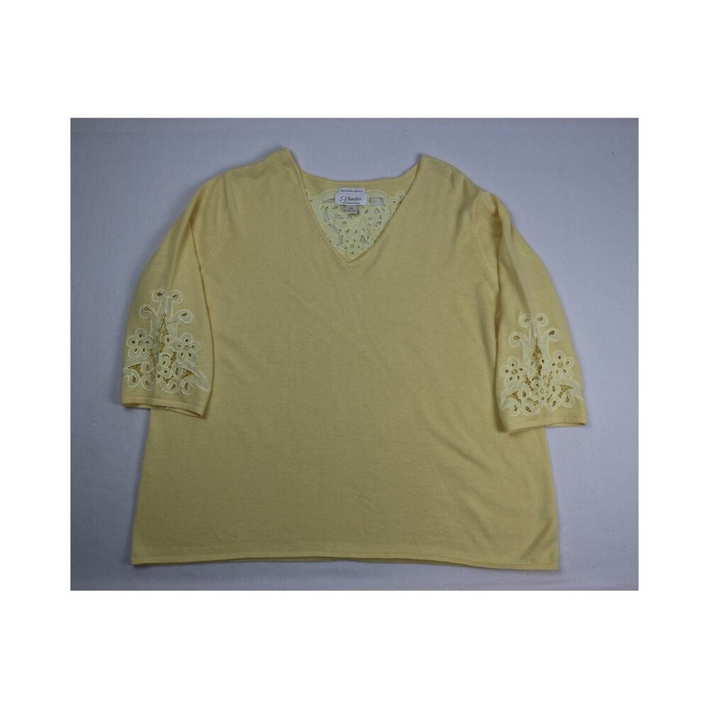 C.J. Banks Women 3X Yellow V-Neck Embroidered Eyelet 3/4 Sleeve Top